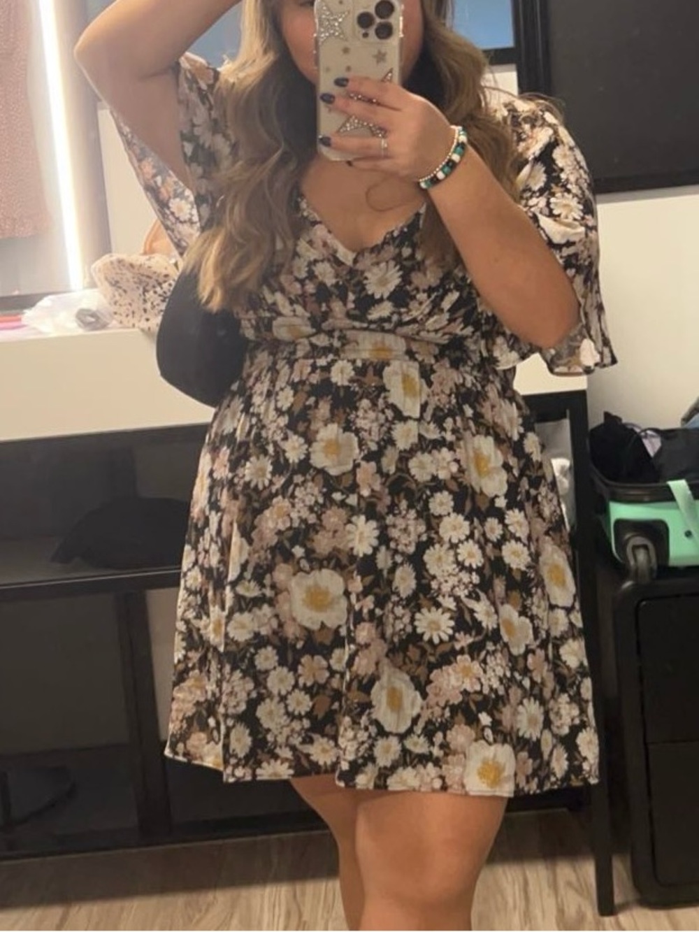 Abercrombie Angel Sleeve Smocked Waist Mini Dress — Brown Floral